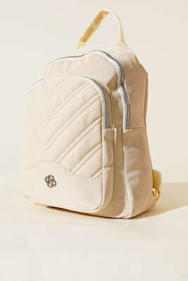 Dikiş Detaylı Çift Fermuarlı Sırt Çantası Bej - Thumbnail