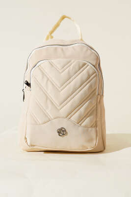 Dikiş Detaylı Çift Fermuarlı Sırt Çantası Bej - Thumbnail