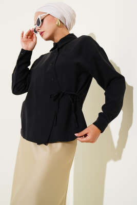 Pazarium - Yandan Bağcıklı Tensel Kısa Gömlek Siyah