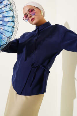 Pazarium - Yandan Bağcıklı Tensel Kısa Gömlek Lacivert