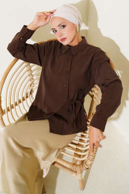 Pazarium - Yandan Bağcıklı Tensel Kısa Gömlek Kahve