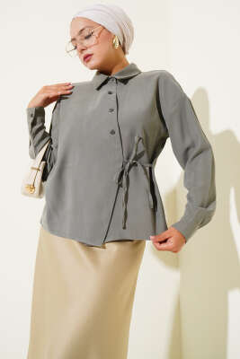 Pazarium - Yandan Bağcıklı Tensel Kısa Gömlek Çağla Yeşili