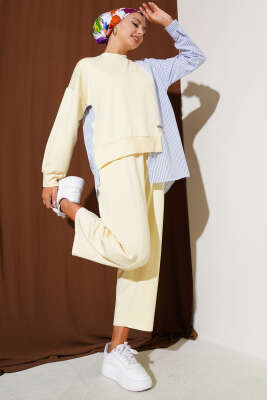 Pazarium - Armalı Çizgili Garnili İkili Takım Sarı