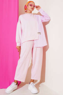 Pazarium - Armalı Çizgili Garnili İkili Takım Pembe