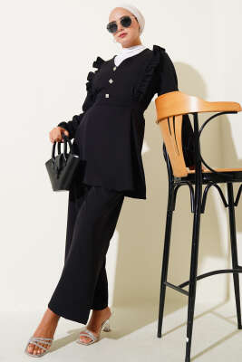 Pazarium - Fırfırlı V Yaka Dabıl İkili Takım Siyah