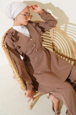 Pazarium - Fırfırlı V Yaka Dabıl İkili Takım Latte