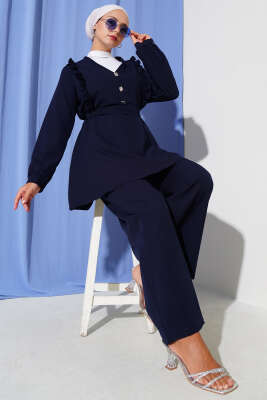 Pazarium - Fırfırlı V Yaka Dabıl İkili Takım Lacivert