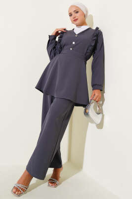 Pazarium - Fırfırlı V Yaka Dabıl İkili Takım Füme