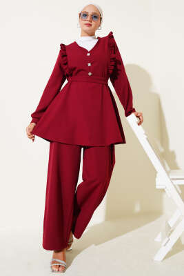 Pazarium - Fırfırlı V Yaka Dabıl İkili Takım Bordo