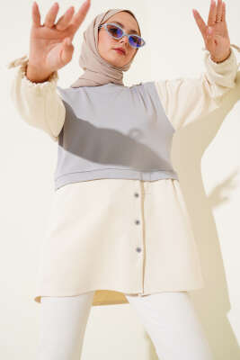 Pazarium - Bilekleri Tünelli Garnili Tunik Gri