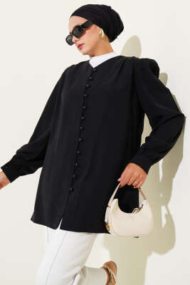 Pazarium - Brit Düğmeli Tensel Gömlek Siyah
