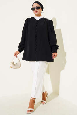 Brit Düğmeli Tensel Gömlek Siyah - Thumbnail