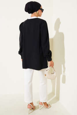 Brit Düğmeli Tensel Gömlek Siyah - Thumbnail