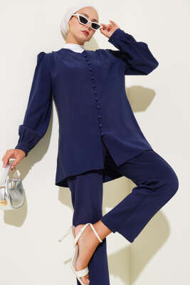 Brit Düğmeli Tensel Gömlek Lacivert - Thumbnail