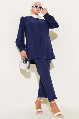 Brit Düğmeli Tensel Gömlek Lacivert - Thumbnail