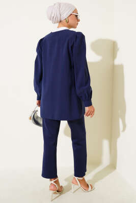 Brit Düğmeli Tensel Gömlek Lacivert - Thumbnail