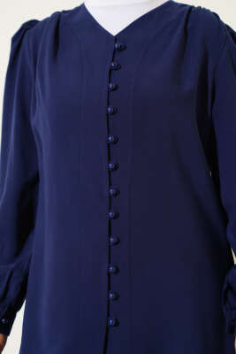 Brit Düğmeli Tensel Gömlek Lacivert - Thumbnail