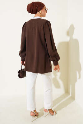 Brit Düğmeli Tensel Gömlek Kahve - Thumbnail