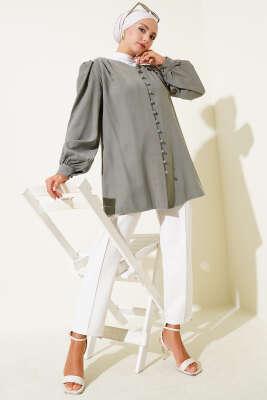 Brit Düğmeli Tensel Gömlek Haki - Thumbnail