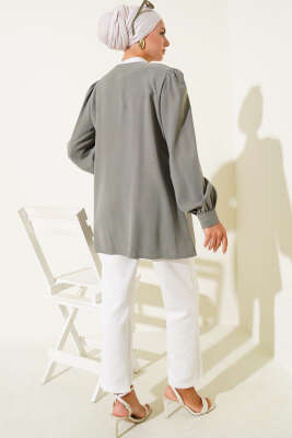 Brit Düğmeli Tensel Gömlek Haki - Thumbnail