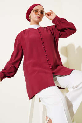 Pazarium - Brit Düğmeli Tensel Gömlek Bordo