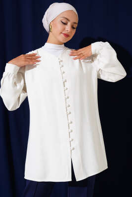 Pazarium - Brit Düğmeli Tensel Gömlek Beyaz