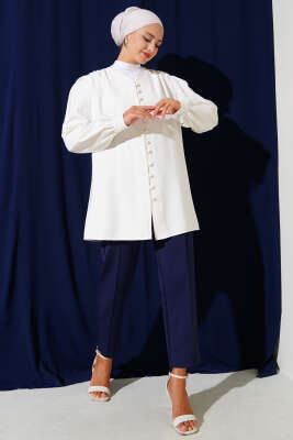 Brit Düğmeli Tensel Gömlek Beyaz - Thumbnail