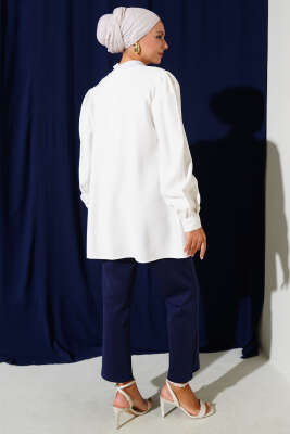 Brit Düğmeli Tensel Gömlek Beyaz - Thumbnail