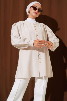 Brit Düğmeli Tensel Gömlek Bej - Thumbnail