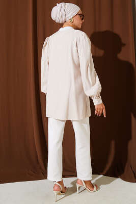 Brit Düğmeli Tensel Gömlek Bej - Thumbnail