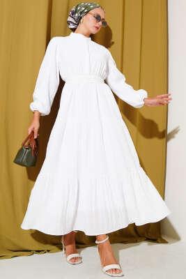 Pazarium - Yarım Düğmeli Kat Kat Gofre Elbise Beyaz
