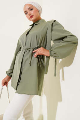 Pazarium - İp Kuşaklı Omuz Pelerinli Gömlek Çağla Yeşili