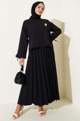 Pazarium - Piliseli Bilek İpli Dabıl Etekli Takım Siyah