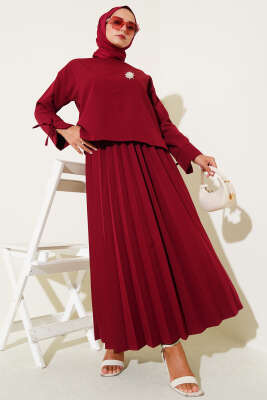 Pazarium - Piliseli Bilek İpli Dabıl Etekli Takım Bordo