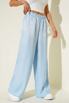 Pazarium - Çizgili Bol Paça Parlak Saten Pantolon Mavi