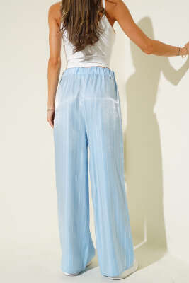 Çizgili Bol Paça Parlak Saten Pantolon Mavi - Thumbnail