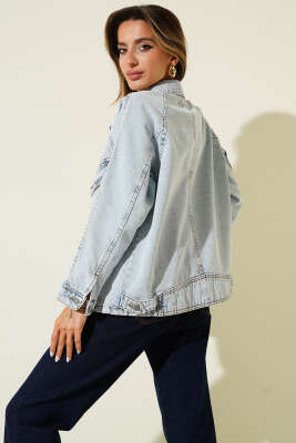 Çift Göğüs Cepli Metal Düğmeli Kısa Kot Ceket Buz Mavisi - Thumbnail