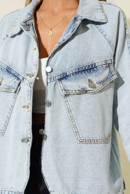 Çift Göğüs Cepli Metal Düğmeli Kısa Kot Ceket Buz Mavisi - Thumbnail