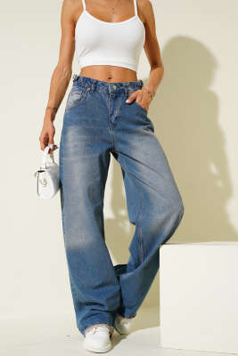 Pazarium - Yan Tokalı Paça Yıpratmalı Baggy Kot Pantolon Tintli