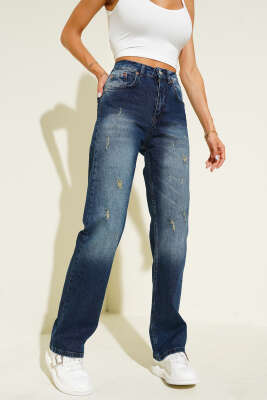 Pazarium - Lazer Yıpratmalı Boru Paça Kot Pantolon Mavi