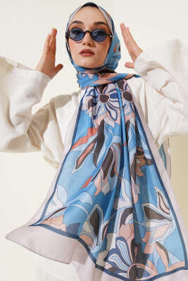 Pazarium - Çiçek Çizgili Soft Şal Mavi