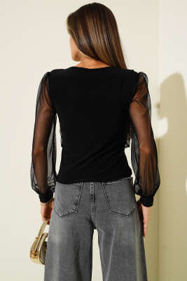 Gold Tokalı Tül Kollu Bluz Siyah - Thumbnail