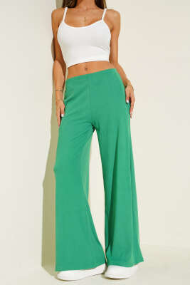Pazarium - Bel Lastikli Fitilli Palazzo Pantolon Yeşil
