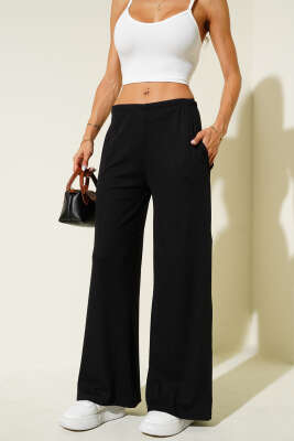 Pazarium - Bel Lastikli Fitilli Palazzo Pantolon Siyah