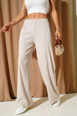 Pazarium - Bel Lastikli Fitilli Palazzo Pantolon Bej