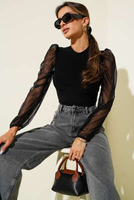 Pazarium - Kol Tül Detaylı Sandy Bluz Siyah