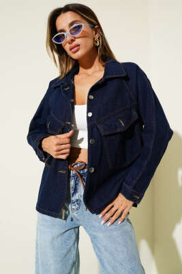 Çift Göğüs Cepli Metal Düğmeli Kısa Kot Ceket Lacivert - Thumbnail