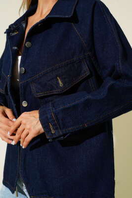 Çift Göğüs Cepli Metal Düğmeli Kısa Kot Ceket Lacivert - Thumbnail