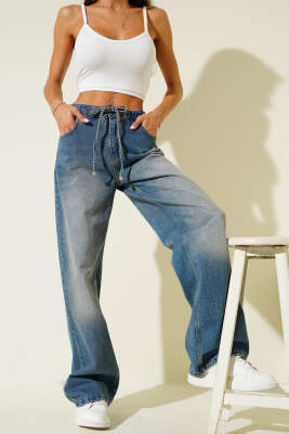 Pazarium - Bel Tünelli Bağcıklı Kot Pantolon Mavi