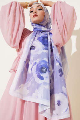 Pazarium - Retro Rose Desen Şal Açık Mor